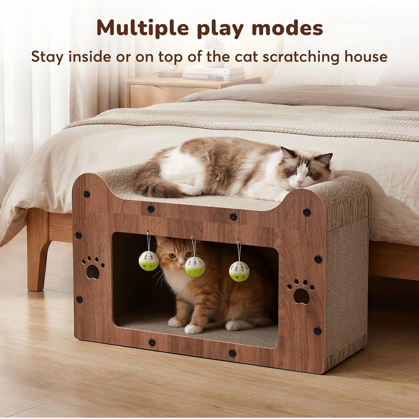 Walnut Cat Scratching House, Durable Cardboard Scratcher & House for Indoor Cats, Multi-Functional Hideout for Scratching, Playing & Resting, Easy to Assemble.