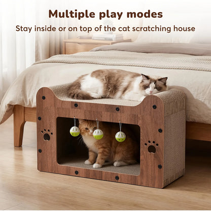 Walnut Cat Scratching House, Durable Cardboard Scratcher & House for Indoor Cats, Multi-Functional Hideout for Scratching, Playing & Resting, Easy to Assemble.