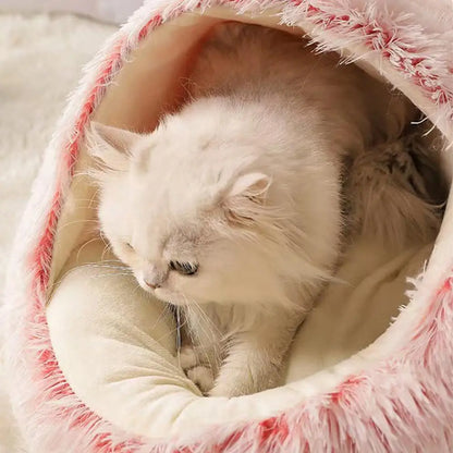 Snooze Cat Bed Round Plush Fluffy Hooded Cozy Cat Bed Cave for Indoor Donut Self Warming Small Dog Bed Anti-anxiety Puppy Kennel