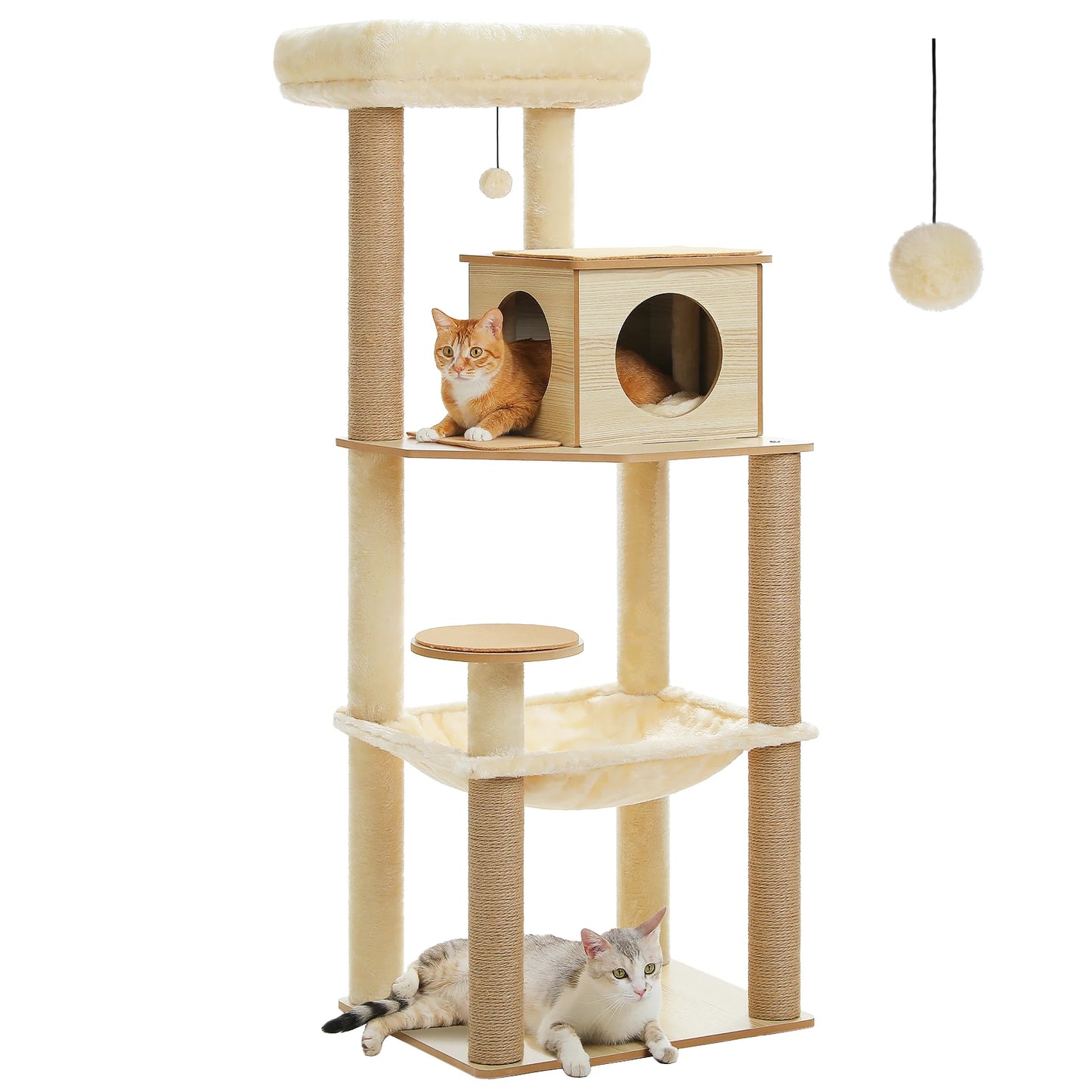 Wood Cat Tree with Sisal Scratching Posts Large Hammock Cozy Condo Bed Multi-Level Cat Tower for Indoor Cats Furniture Cat Toys