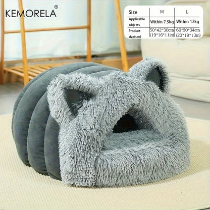 KEMORELA Plush Cat Ears Big Collar Pet Nest Cat Bed For Indoor Cats Thickened Pet Bed Cat House For Autumn And Winter Seasons