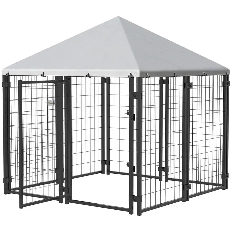 Lockable Dog House Kennel with Water-resistant Roof for Small and Medium Sized Pets, 4.6' x 4.6' x 5'