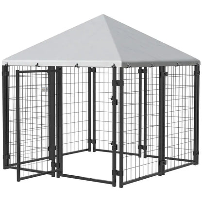 Lockable Dog House Kennel with Water-resistant Roof for Small and Medium Sized Pets, 4.6' x 4.6' x 5'