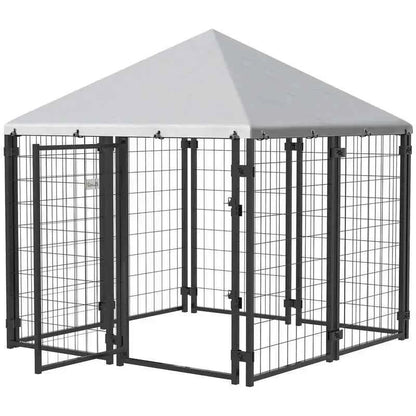 Lockable Dog House Kennel with Water-resistant Roof for Small and Medium Sized Pets, 4.6' x 4.6' x 5'