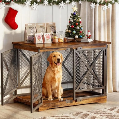 Large Dog Crate Furniture - 48 inch Heavy Duty Dog Kennel Indoor for XLarge Breed with Double Doors, Wooden Dog Cage XL Modern