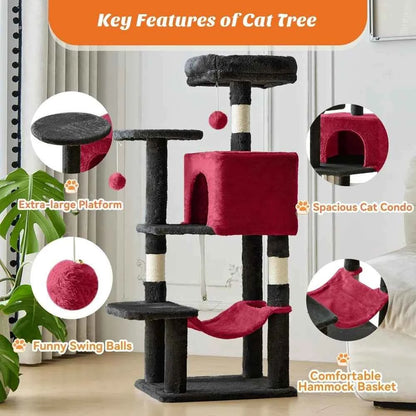 44 Inch Cat Tree Tower with Sisal Scratching Posts Hammock Condo for Indoor Cats Kittens Play Black Red