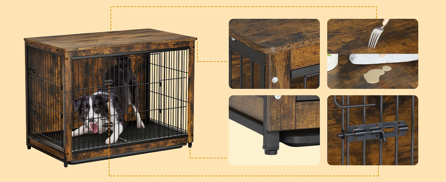 Large Elevated Dog Crate Wooden Dog Kennel Cage Pet House End Table with Double Door and Removable Tray Rustic Furniture Indoor