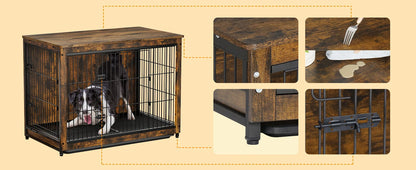 Large Elevated Dog Crate Wooden Dog Kennel Cage Pet House End Table with Double Door and Removable Tray Rustic Furniture Indoor