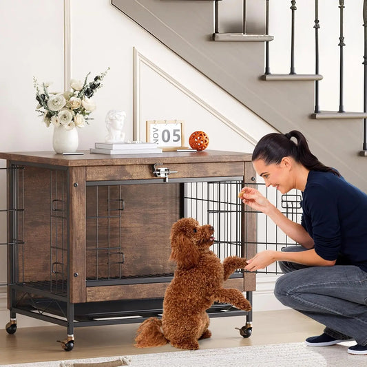 Rustic Dog Crate Furniture with Wheels 26in Small Heavy Duty Metal and Wood Dog Kennel Indoor Anti-Chew Pet Cage End Side Table
