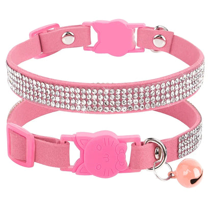 Soft Pink Suede Leather Cat Collar - Bling Rhinestone Design with Bell, Safety Breakaway & Adjustable XS/S for Cats & Puppies