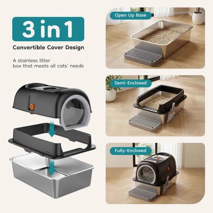 JHK 24IN Stainless Steel Cat Litter Box with Fully Enclosed 30L Large Cat Litter Box for Big Cats Cat Box Scoop and Mat Included