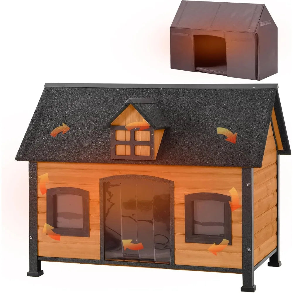 Dog House with Insulated Liner Anti-Chewing Metal Frame Design Insulated Wooden Dog Kennel with Unique Design Roof, Weatherproof