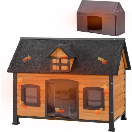 Dog House with Insulated Liner Anti-Chewing Metal Frame Design Insulated Wooden Dog Kennel with Unique Design Roof, Weatherproof
