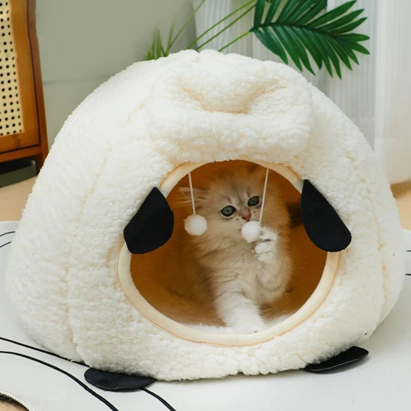 BOOTEELY Winter Warm Sheep Shape Cat Villa Semi-Closed Three-Dimensional Cat House Four Seasons Universal Cat Bed