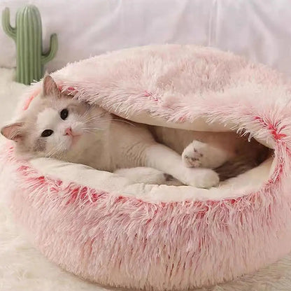 Snooze Cat Bed Round Plush Fluffy Hooded Cozy Cat Bed Cave for Indoor Donut Self Warming Small Dog Bed Anti-anxiety Puppy Kennel
