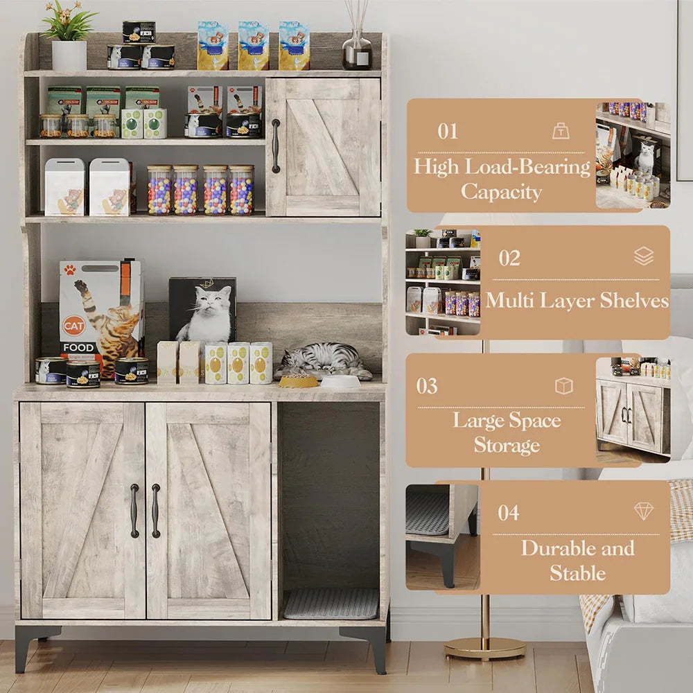 Rustic Farmhouse Hidden Cat Litter Box Enclosure 4-Tier Storage Shelves & 2 Cabinets Wood Cat Washroom Furniture For Indoor Use