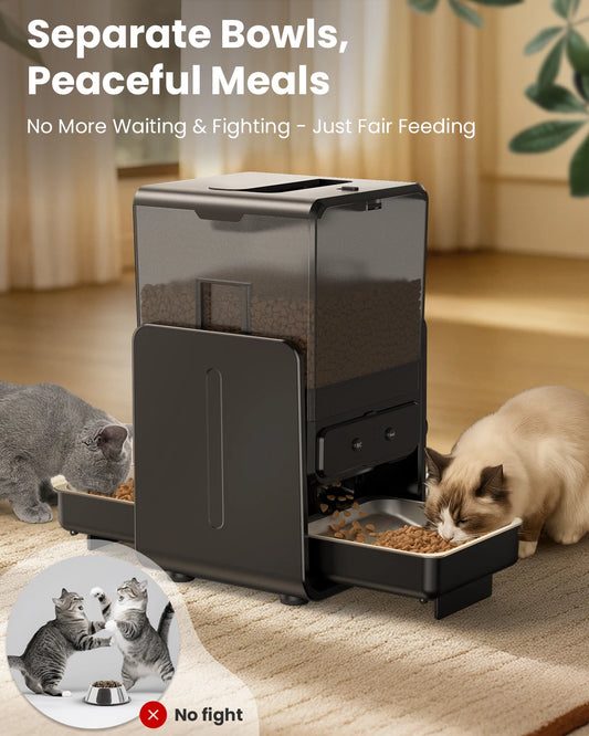 5L Automatic Cat Kibble Dispenser 2 Bowls Smart Voice Recorder Pluggable Control Panel Auto Cat Food Dispenser For Pet Dry Food