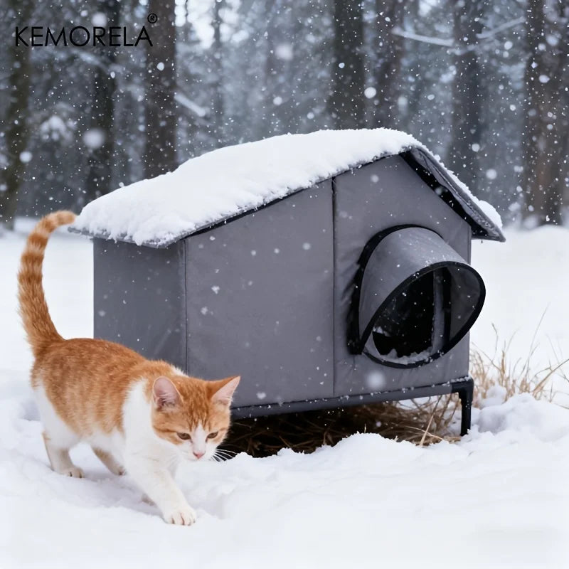 KEMORELA Winter Outdoor Cat House Equipped with an Escape Door - Large Feral Cat Shelter Collapsible Shelter for Small Dogs&Cats