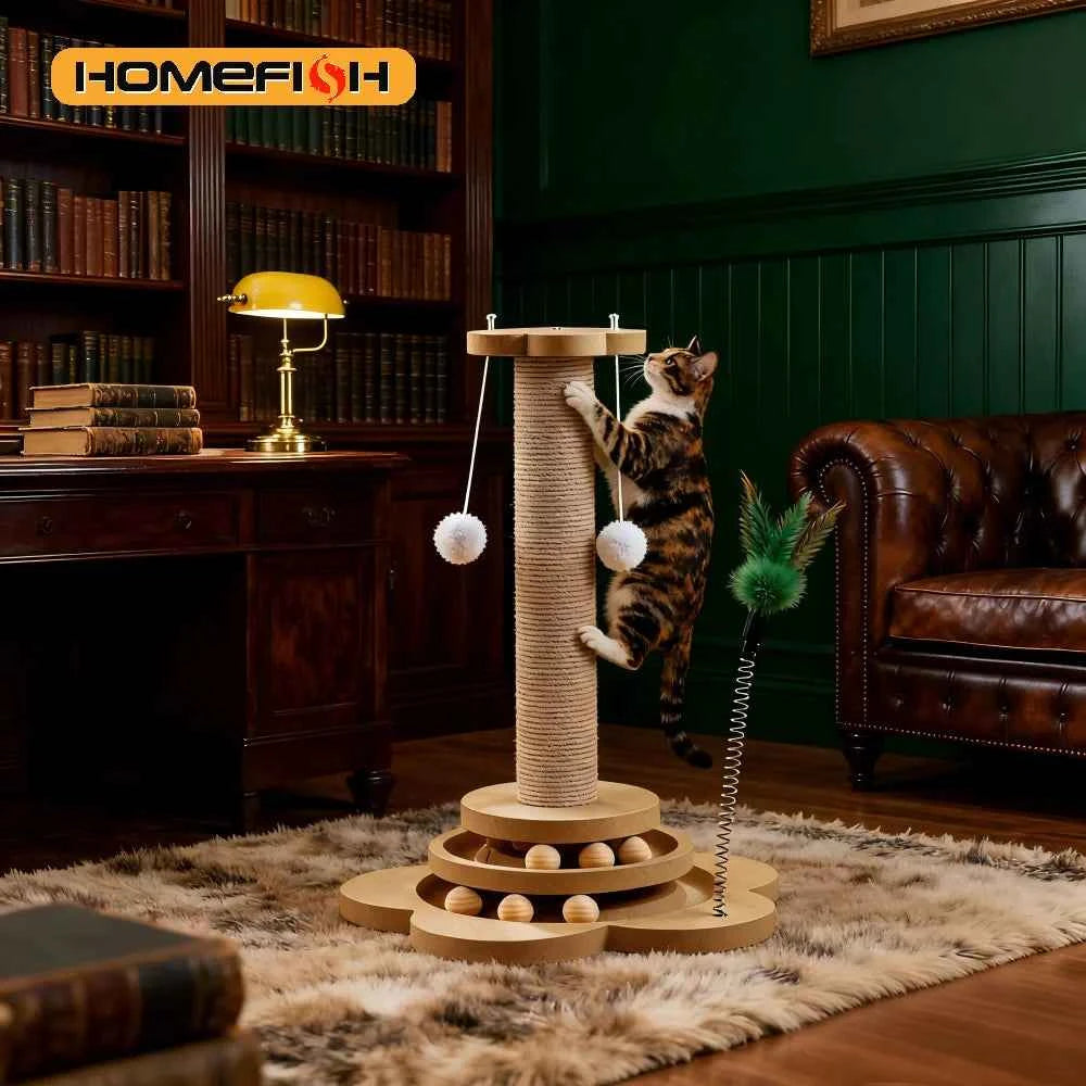 Pet Cat Toy Solid Wood Cat Turntable Funny Cat Stick Balls Durable Sisal Scratching Board Cat Supplies Cat Grab Column