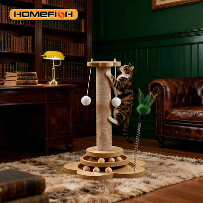 Pet Cat Toy Solid Wood Cat Turntable Funny Cat Stick Balls Durable Sisal Scratching Board Cat Supplies Cat Grab Column