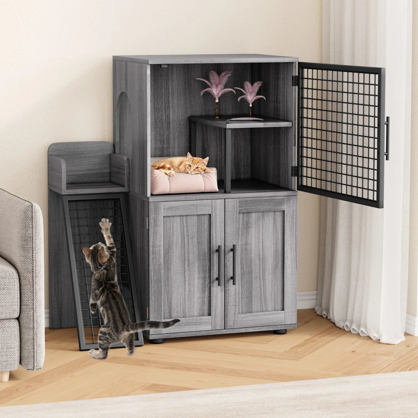 Cat Litter Box Enclosure with Platform,Double Layer Cat Litter Hidden Furniture,Cat Washroom Furniture,Cat House with Ladder