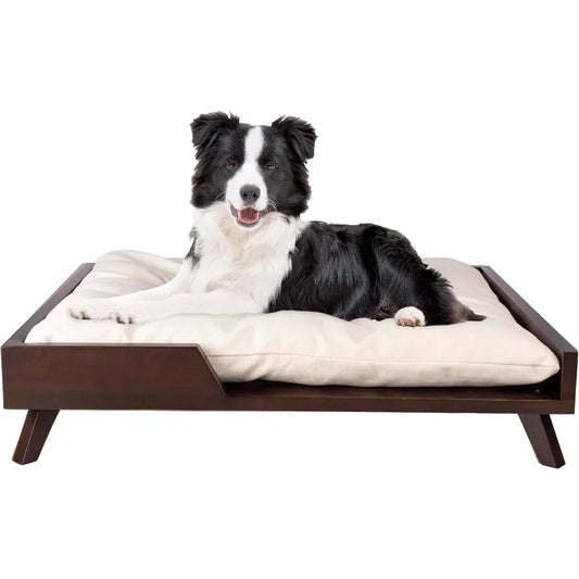 Elevated Dog Bed 36 x 29.5 Indoor Pet Bed with Frame and Soft Cushion Designed for Medium to Large Pets Mid-Century Modern Wood