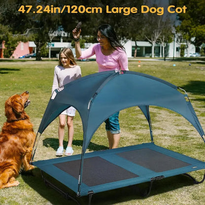 Large 47 Dog Cot with Removable Canopy, Elevated Cooling Bed for Big Dogs, Washable Mesh, Indoor/Outdoor Pet Bed