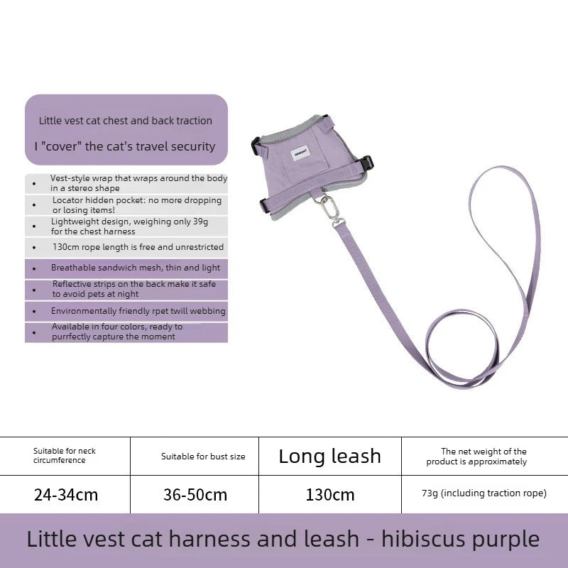 Anti-Escape Cat Vest Harness 39g, GPS Tracker Pocket, Breathable Mesh, Reflective, 130cm Leash for Walking, cat accessories