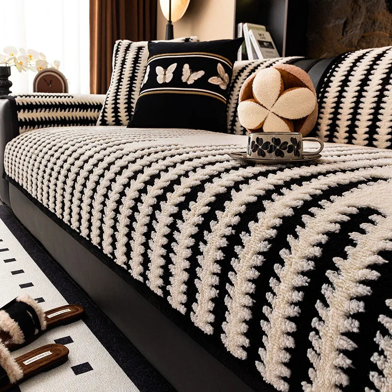 Geometric Lines Jacquard Soft Thicken Tuffed Fleece Sofa Towel Blanket for Living Room Cover Machine Washable Pet Friendly