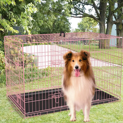 Extra Large Dog Crate with Double Door, 48 Inch Folding Metal Wire Cage, Removable Tray & Divider Panel for Large Dogs in Pink