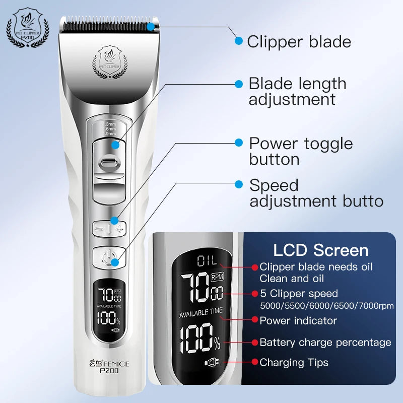 Fenice New Upgrade 5000mA Capacity Cordless LCD Screen Pets Dog Grooming Clippers Rechargeable Haircut Shaver for Trimming Salon