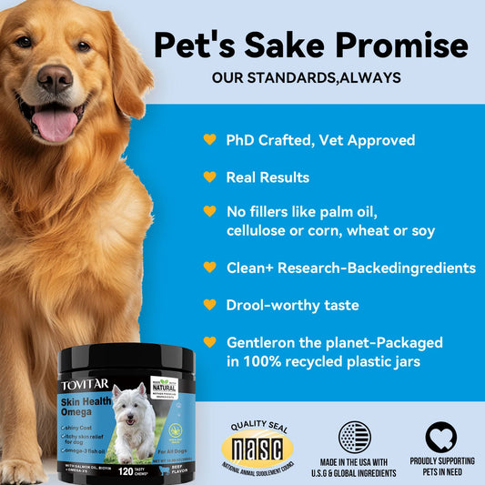 Dog Skin Care Health Omega Chewable Tablets -A dog Omega supplement rich in Omega 3/6/9, fish oil, and DHA-120 Beef Chewable