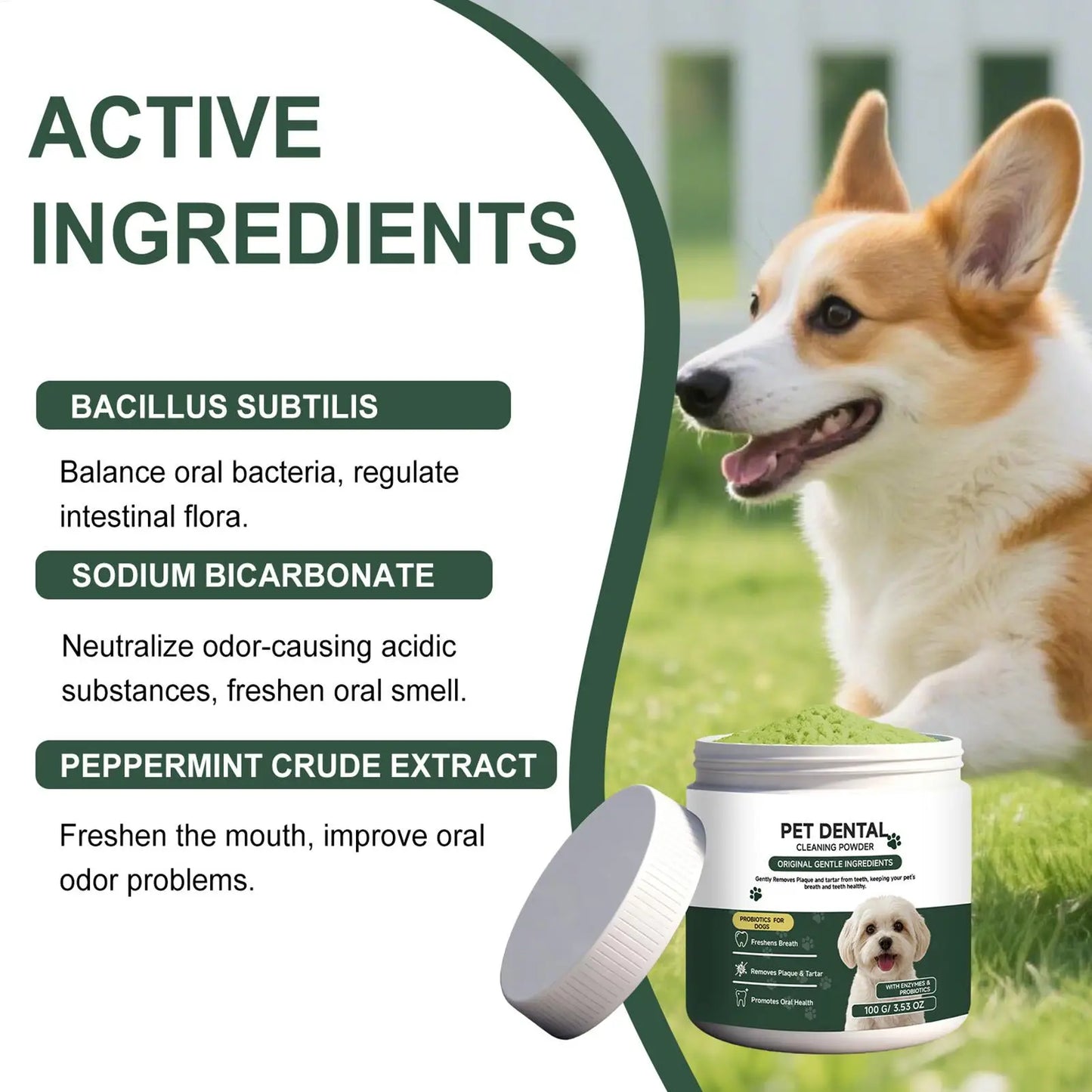 100g Dog Tooth Powder Freshen Breath Natural Plaque Tartar Remover Probiotic Teeth Cleaning Dental Care For Puppy Small Large