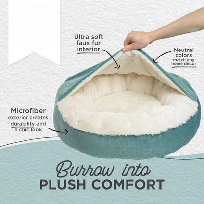 Cozy Cuddler Ilan Covered Cat and Dog Bed with Attached Blanket, Tide Pool Blue, 24x24
