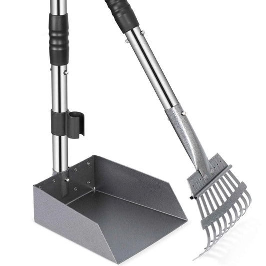 Dog Pooper Scooper, Dog Poop Tray and Rake Set, Pet Waste Removal Scoop with Long Adjustable Sectional Stainless Handles