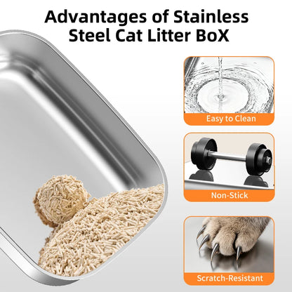 Stainless Steel Cat Litter Box with Lid, Extra Large Enclosed Cat Litter Box, Non-Stick Metal Pan, High Sides with Litter Scoop and Pedal, Odor-Free, Front and Top Entry, Leak-Proof, Easy to Clean
