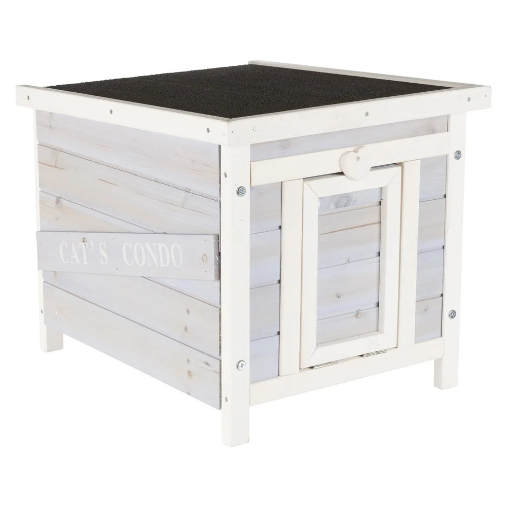 Weatherproof Wooden Cat House Outdoor Shelter with Hinged Roof Easy Access Cats Small Animals Dogs Cozy Design