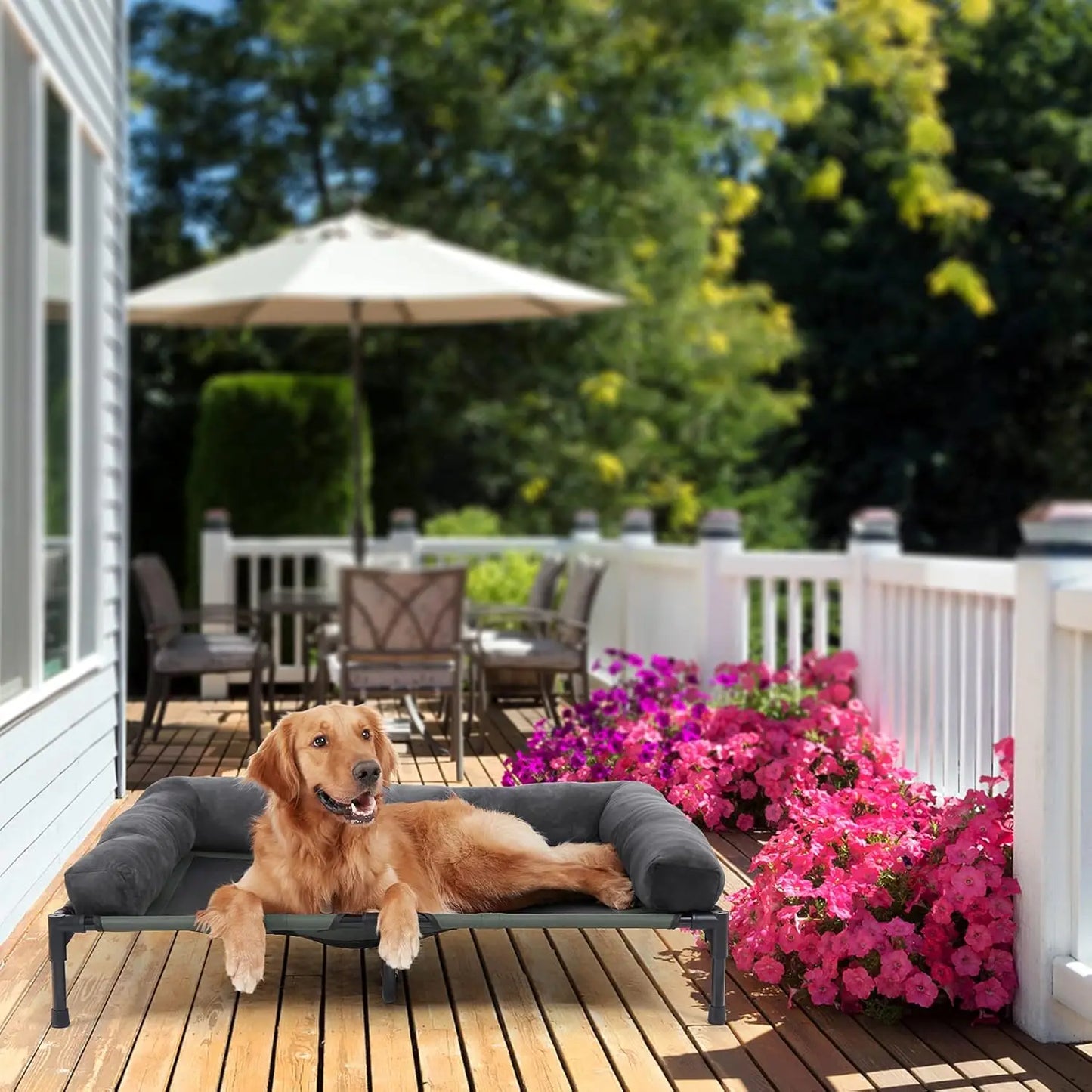 Outdoor Elevated Dog Bed Cooling Raised Pet Lounger Bed Mesh Cot Sleep Camping Bed with Detachable Plush Bolster