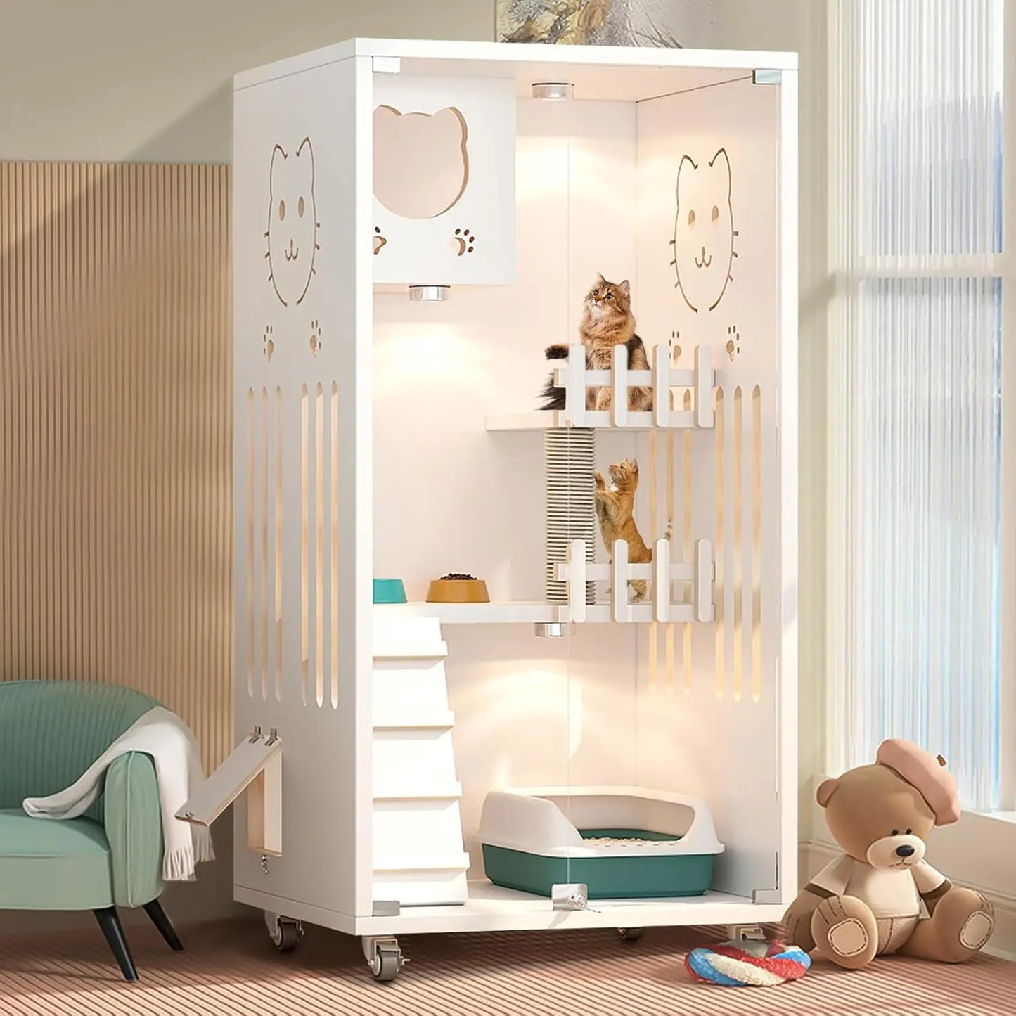 Large Wooden Cat House, Indoor Cat Condo Enclosed, Multi-Feature Luxury Cat Villa with Wheels Scratching Post, Wooden Cattery