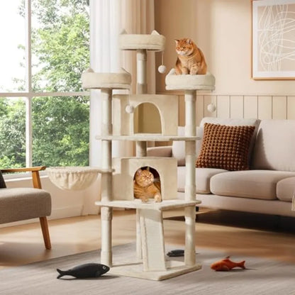 69in Large Cat Tree Tower, 2 Condos, Sisal Posts and Cat-Ear Perch Sturdy anti-wobble base, soft basket, climbing ramp, easy as