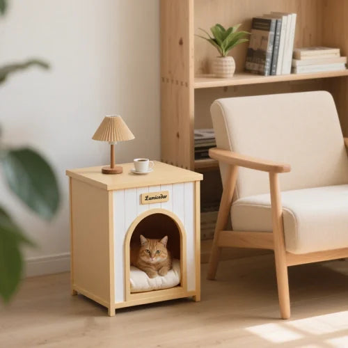 Cream Yellow Flat Roof Pet House FSC Solid Wood 53×51.6×60 cm Indoor Shelter for Small Cats & Dogs