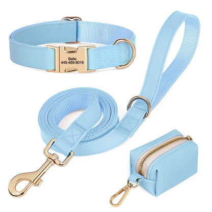 Personalized Dog Collar Leash Bag Set Custom PU Leather Dog Collars Colorful Pet Necklace With Leashes Poop Bag for Dogs Pug