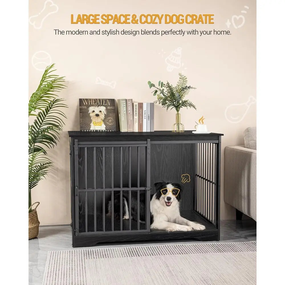 Large Dog Crate Furniture, 44.1 Indoor Kennel with Barn Door, Wooden Tall Dog Cage, Heavy Duty for Large Dogs, Side End Table, A