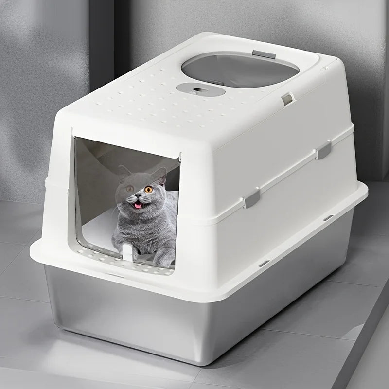 New Stainless Steel Cat Litter Box with Flip Cover Closed Design Easy to Clean Non-Slip Mat Indoor Cats Pet Supplies