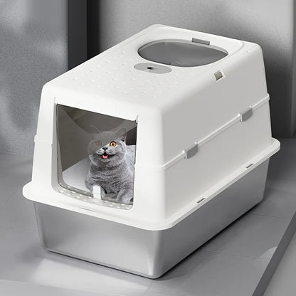 New Stainless Steel Cat Litter Box with Flip Cover Closed Design Easy to Clean Non-Slip Mat Indoor Cats Pet Supplies