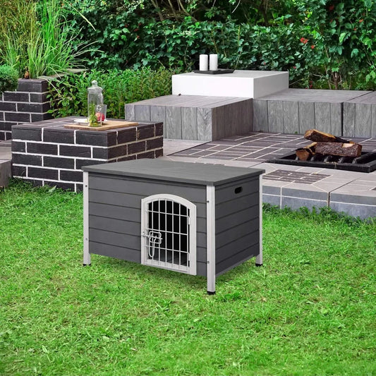 31" L Wooden Decorative Dog Cage Kennel Wire Door with Lock Small Animal House with Openable Top Removable Bottom Grey