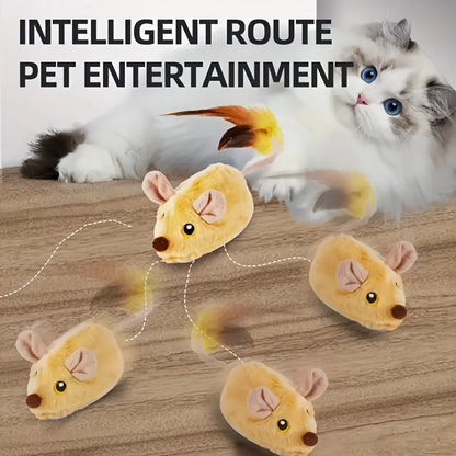 Interactive plush cat toy with sound and LED lighting, USB rechargeable, automatic mouse movement