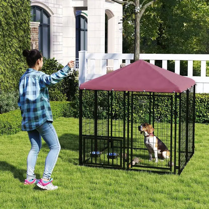 Welded Wire Outdoor Dog Kennel with 360° Rotating & 4 Levels Adjustable Bowls, Waterproof Cover, 4.6' x 4.6' x 5'