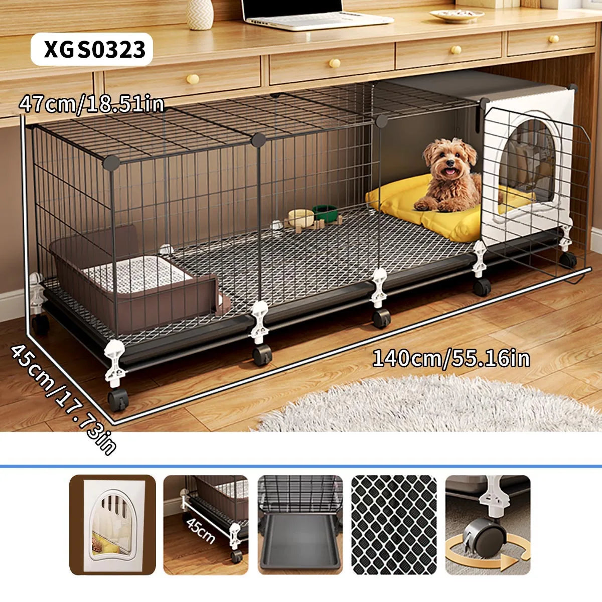 Dog Cage for Small and Medium-Sized Dogs, Indoor Household Use, Teddy Bichon Dog House with Tray, Integrated Toilet, Cat Cage, Dog Fence