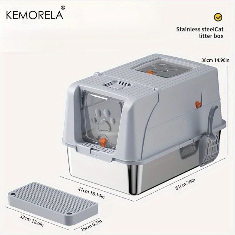 Extra Large Stainless Steel Cat Litter Box Convertible to Fully or Semi-Enclosed Detachable Flip Cover with Pedal &Scoop,for Cat